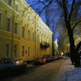 Illuminated buildings at the Aurajoki river