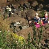 People sunbathing at Kustaanmiekka cliffs outside the embankments