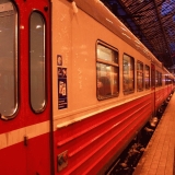 A commuter train waits for departure at Helsinki railway station