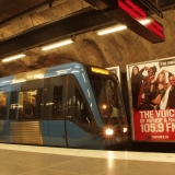 A blue line subway train