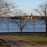 Suomenlinna sea fortress seen from Kaivopuisto park, Ehrenstrmintie street in the foreground