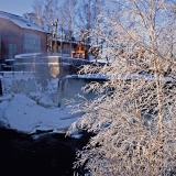 A snowy Vanhankaupunginkoski waterfall