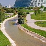 A stream flows in front of the Valencia science museum