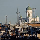 The cathedral behind port installations