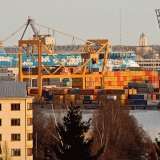 Houses at Lauttasaari, Lnsisatama port and Suomenlinna church seen from Myllykallio outlook tower