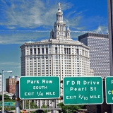 Traffic signs at the Manhattan end of the Brooklyn bridge