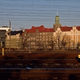 Railway between Tlnlahti and Elintarhanlahti bays, Paasitorni tower and Sstpankinranta in the background