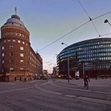 The intersection of Porthaninkatu, Toinen Linja and Siltasaarenkatu streets, Arena-building and ympyrtalo