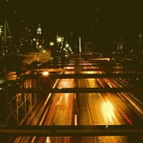 Traffic on Brooklyn Bridge at dusk