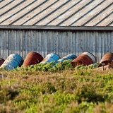 Barrels resting against a boathouse