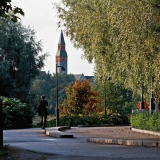 Hesperia park at Tlnranta restaurant, the tower of the Finnish national museum in the background