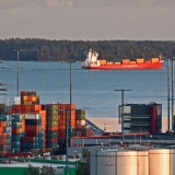 A container ship leaving Vuosaari port