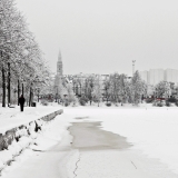 Elintarhanlahti bay with the Finnish national museum and Finlandia house in the background