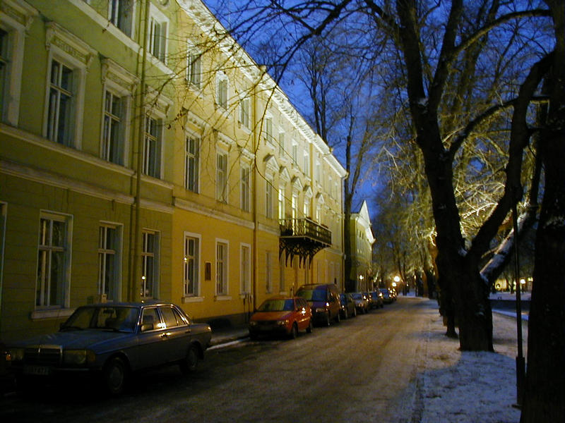 Illuminated buildings at the Aurajoki river