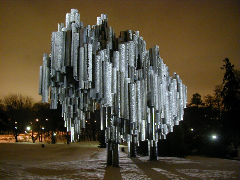 The Sibelius monument illuminated by night