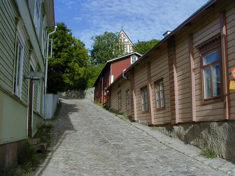 The old town of Porvoo with the cathedral on the background
