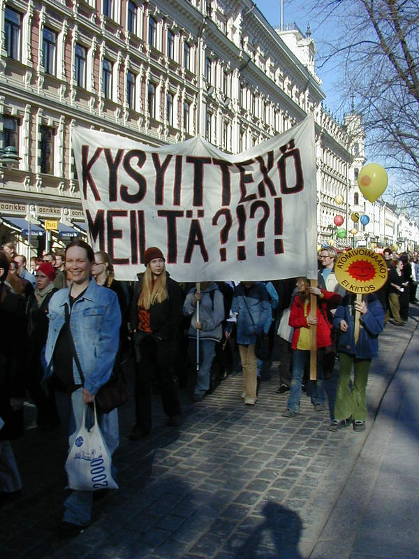 Demonstrators against nuclear power in downtown Helsinki