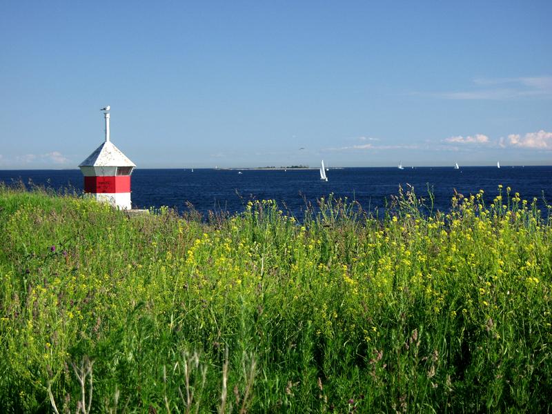 A beacon, flowers and sailing boats at the Finnish bay