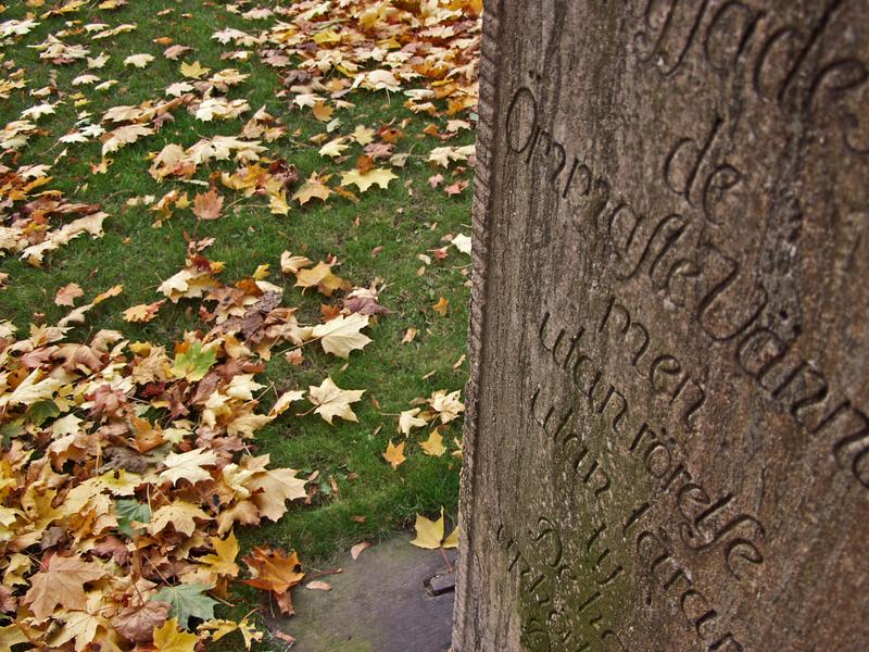 Tomb stone and a leaf covered lawn at the Old church park