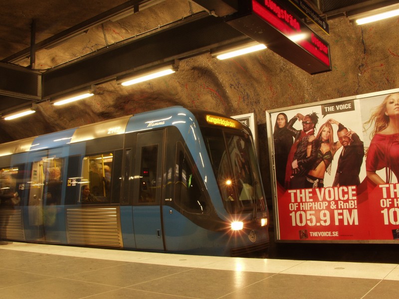 A blue line subway train