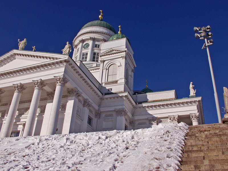 The cathedral and snowy stairs