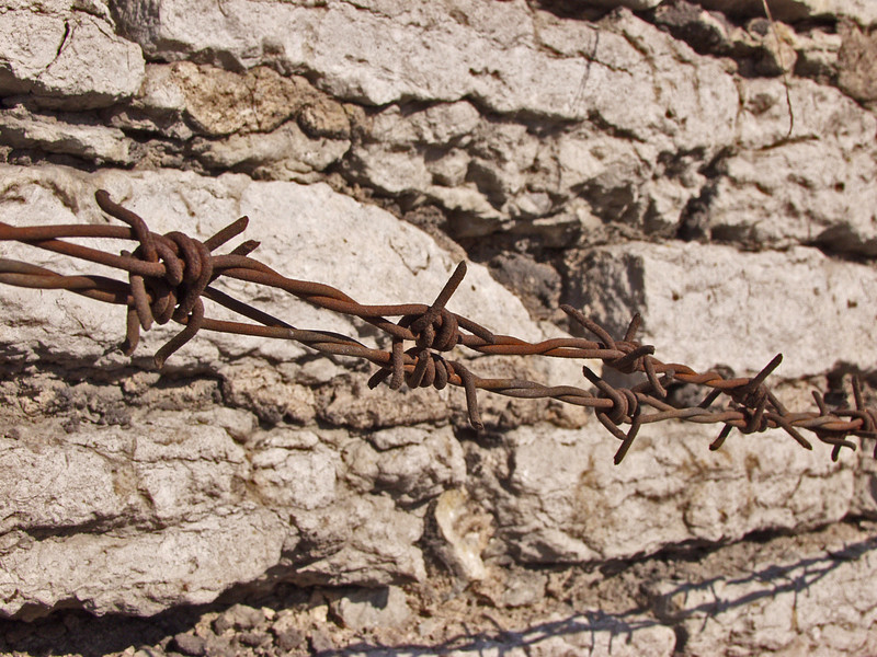 Barbed wire and a stone wall