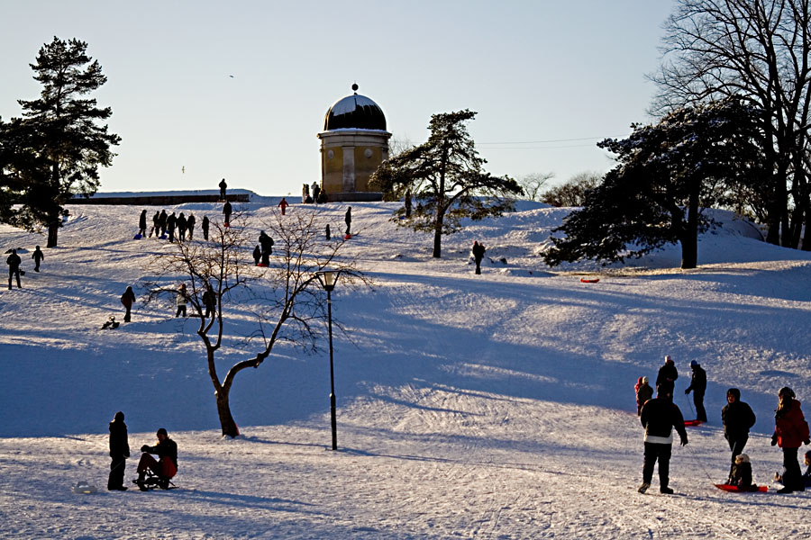 Ihmisi laskemassa mke talvisessa Kaivopuistossa