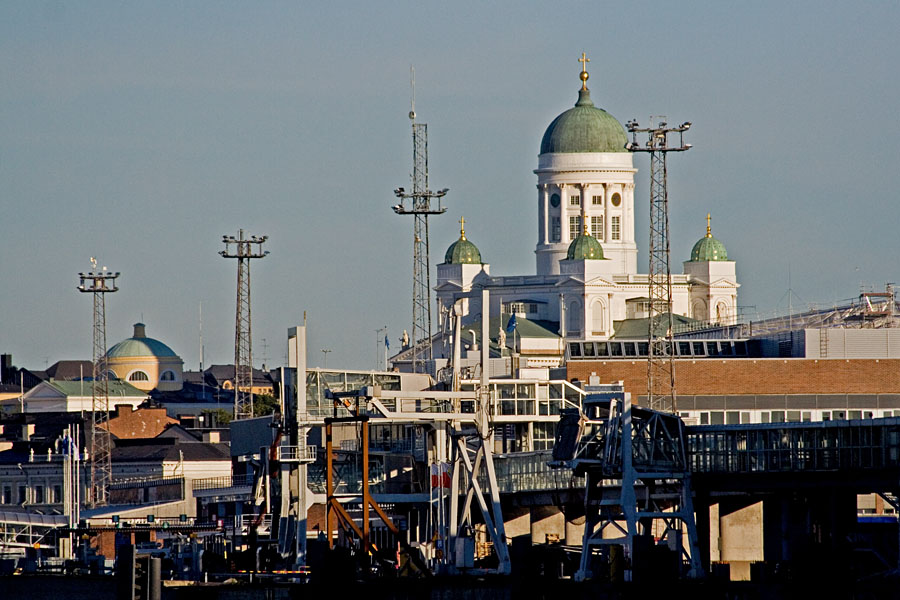 The cathedral behind port installations