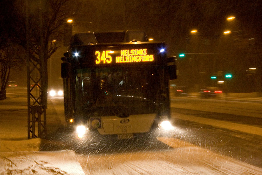 A bus in a blizzard at Mannerheimintie