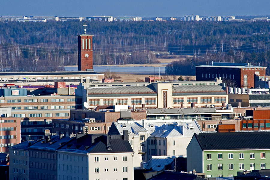 Bell tower of Paavali church and the Vallila district