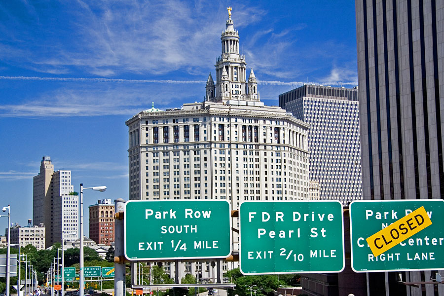 Traffic signs at the Manhattan end of the Brooklyn bridge