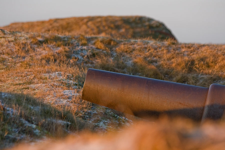 A cannon between berms
