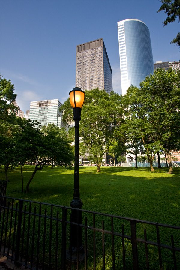 Skyscrapers at the southern tip of Manhattan behind Battery Park