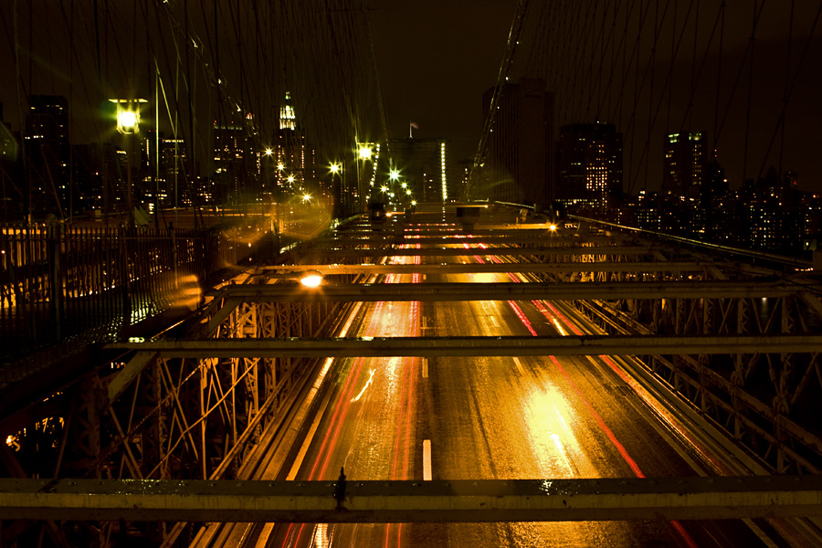 Traffic on Brooklyn Bridge at dusk