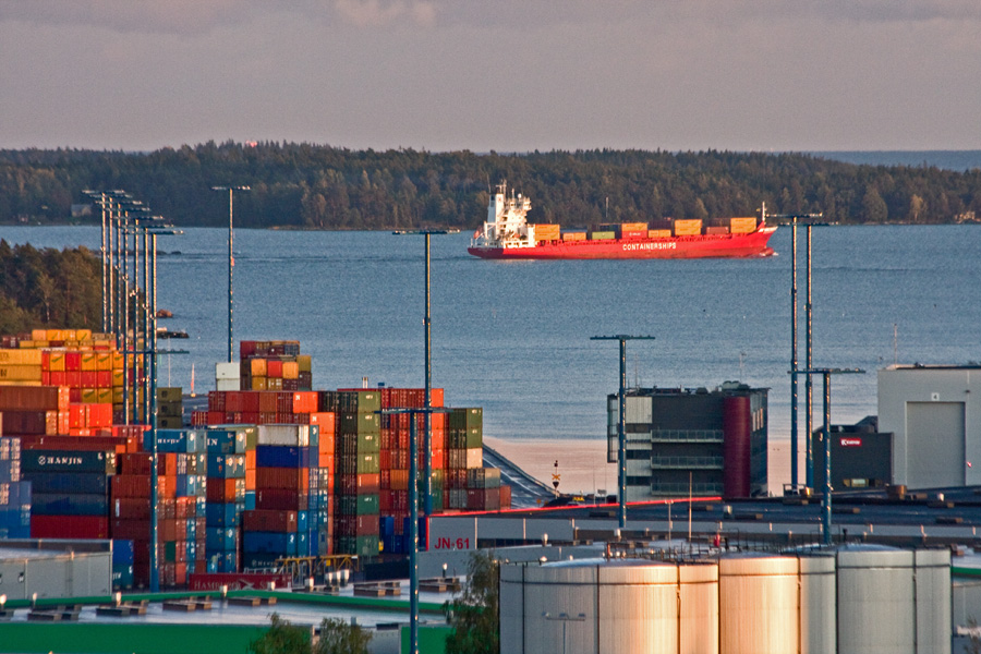 A container ship leaving Vuosaari port