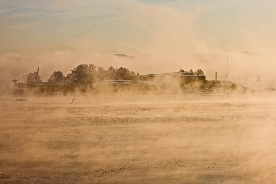 The island of Srkk in sea smoke