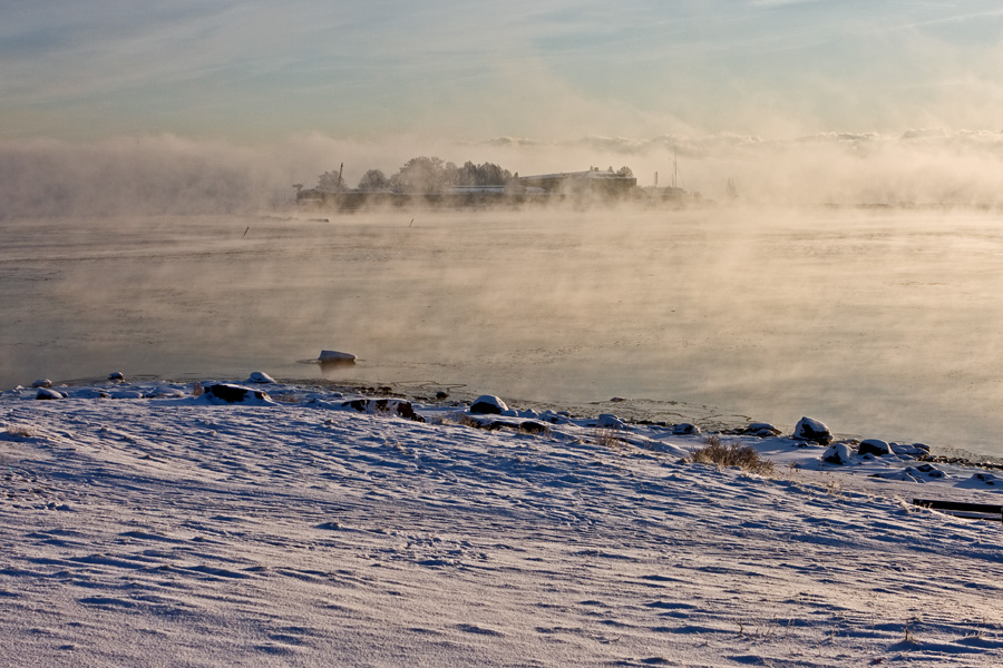 The island of Srkk in sea smoke