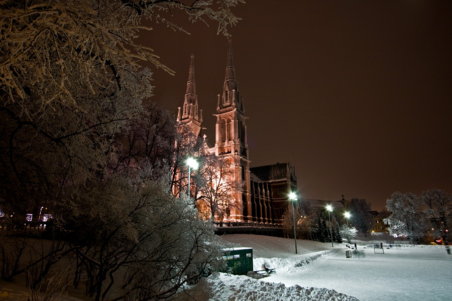 Johanneksenkirkko church during a winter evening
