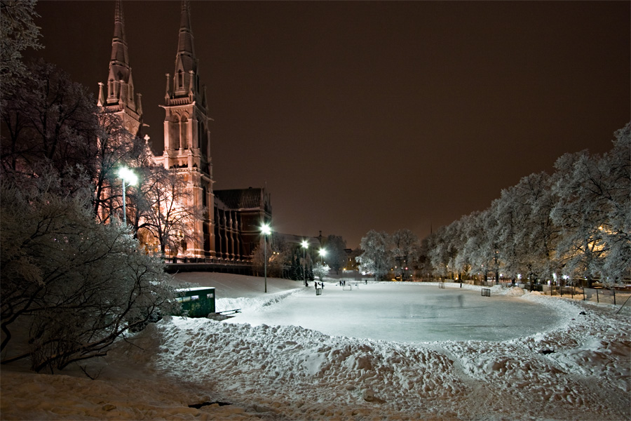 Johanneksenkirkko church during a winter evening