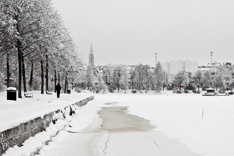 Elintarhanlahti bay with the Finnish national museum and Finlandia house in the background