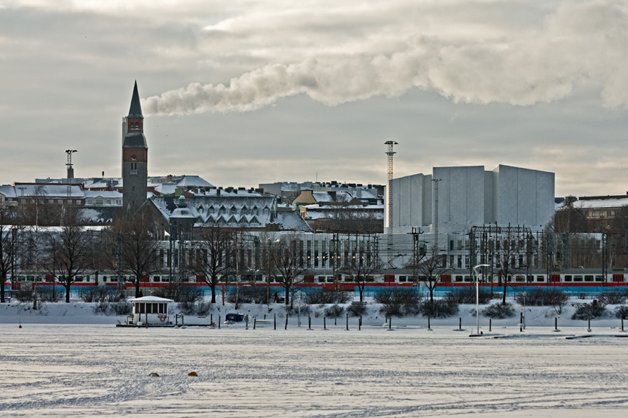 Elintarhanlahti bay with the Finnish national museum and Finlandia house in the background