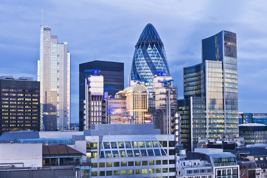 The Gherkin with nearby buildings